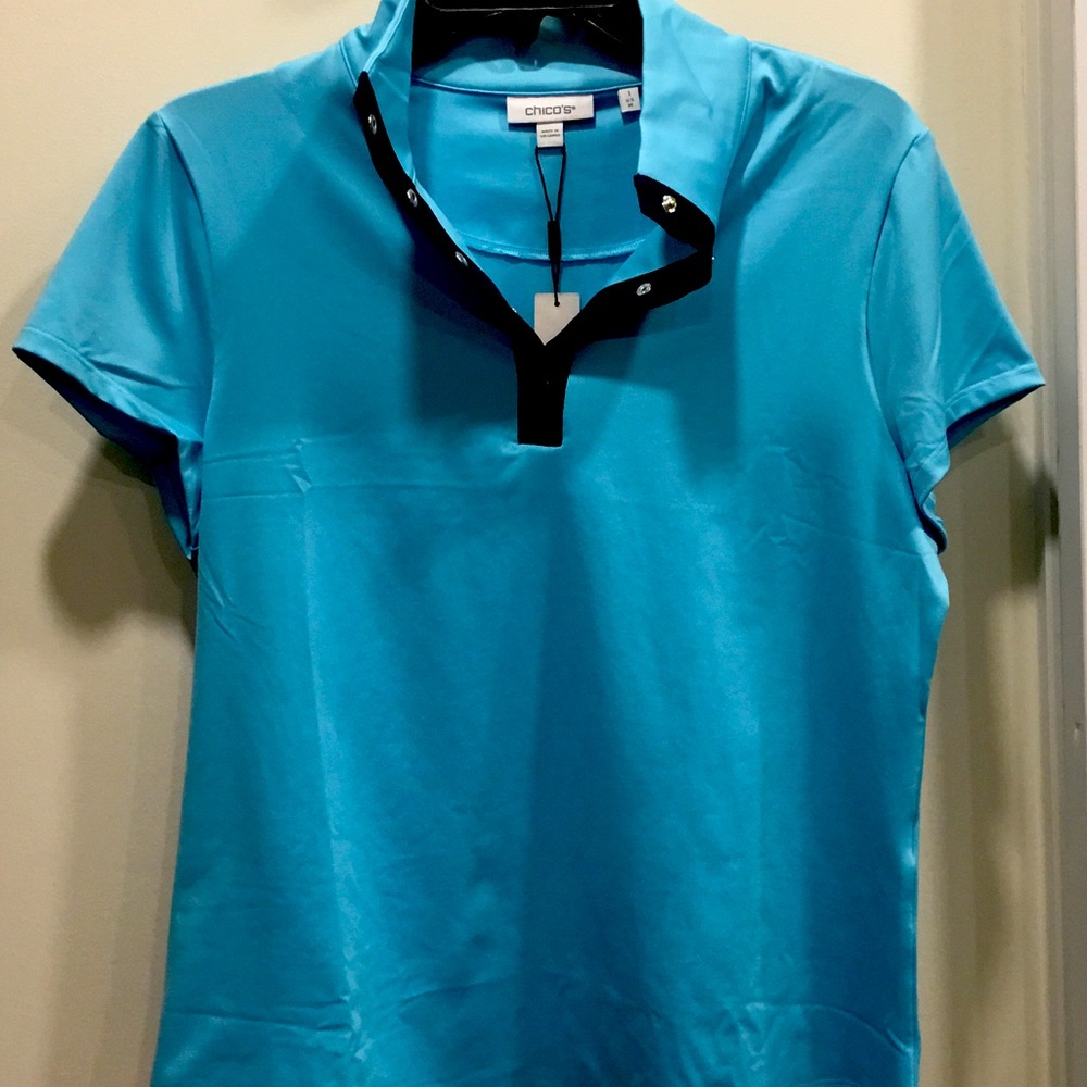 Chico's Zenergy Bright Turquoise Short-Sleeve Polo with navy Trim